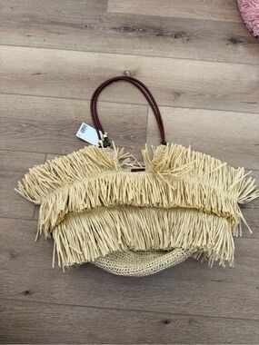 H&M Natural Straw Fringe Tote with Brown Handles